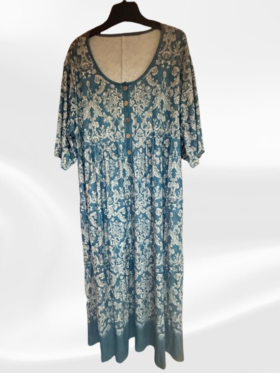 NWT Women's Boho Floral Maxi Dress 2X Teal Damask Print V-Neck Pockets - Picture 5 of 16